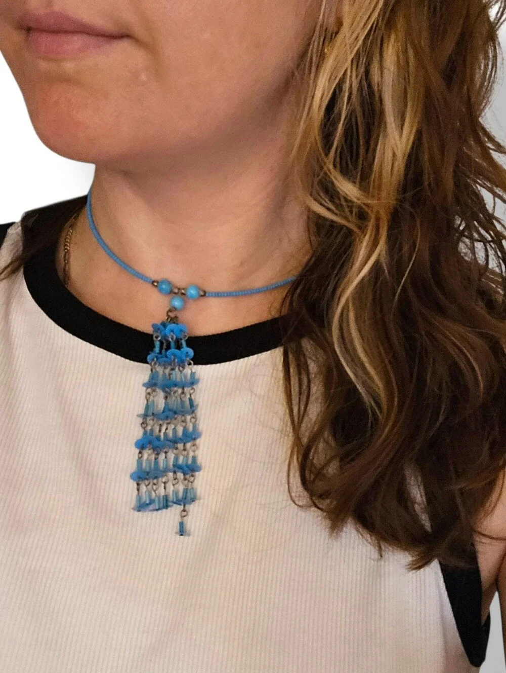Y2k 90s Torque Choker Necklace Beaded Beachy Boho Mermaid Resort Blue - Picture 2 of 6
